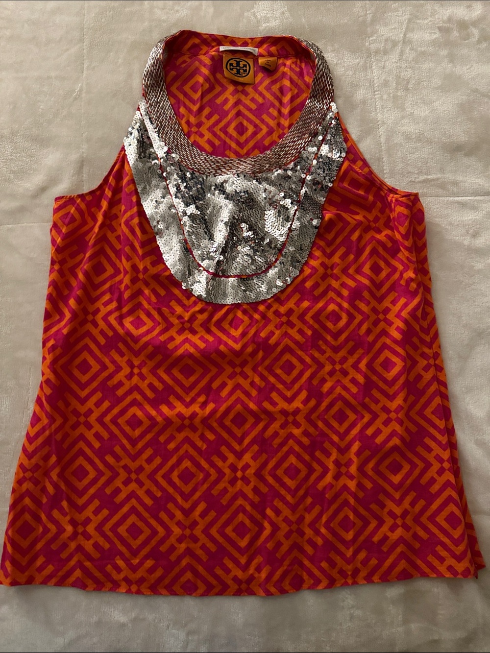 Tory Burch Pink and Orange Geometric Sequin Bib Halter Tank